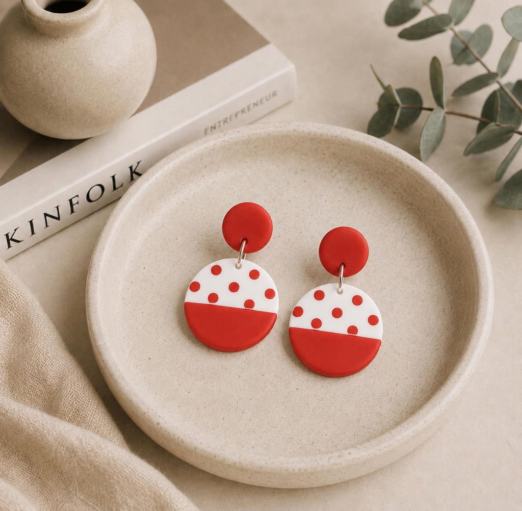 Red White Polka Dot Polymer Clay Dangle Earrings, Modern Handmade Statement Jewelry