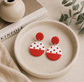 Red White Polka Dot Polymer Clay Dangle Earrings, Modern Handmade Statement Jewelry