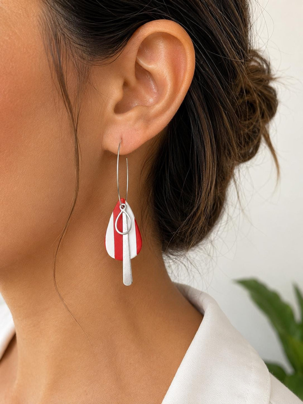 Modern Red White Polymer Clay Dangle Earrings | Lightweight Silver Hoop Statement Jewelry