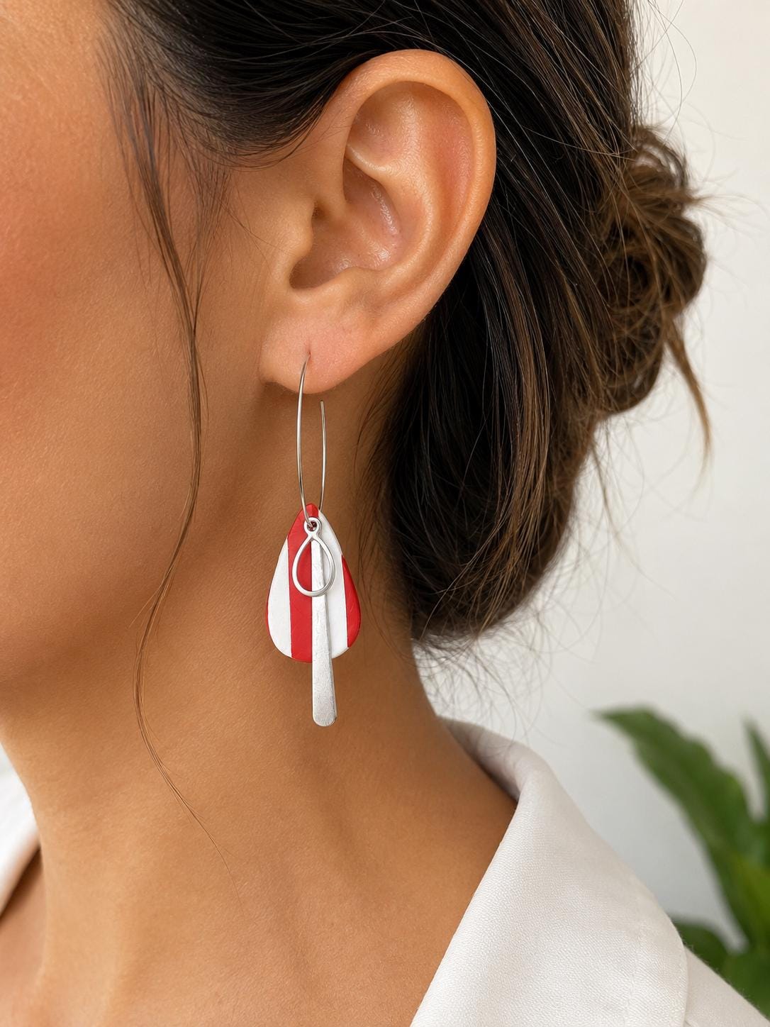 Modern Red White Polymer Clay Dangle Earrings | Lightweight Silver Hoop Statement Jewelry