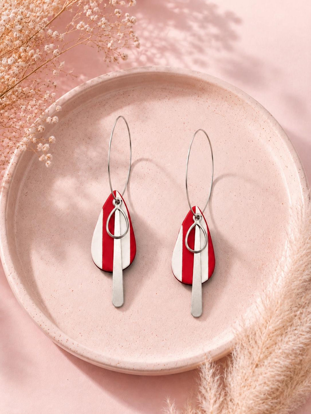 Red White Polymer Clay Dangle Earrings | Modern Statement Hoop Jewelry