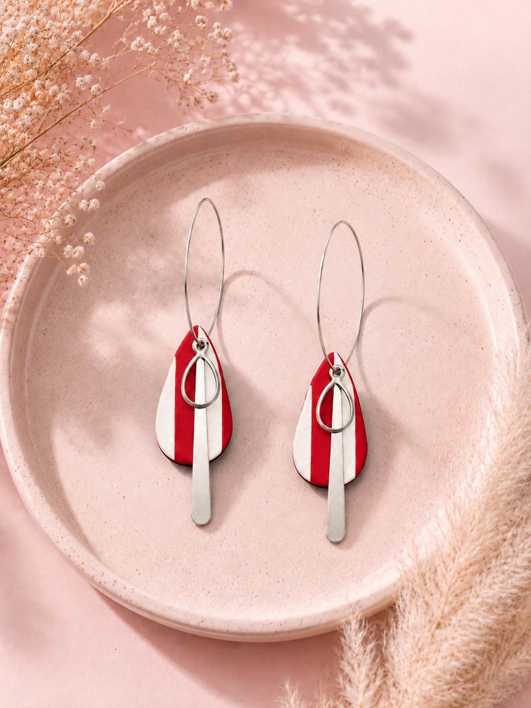 Red White Polymer Clay Dangle Earrings | Modern Statement Hoop Jewelry