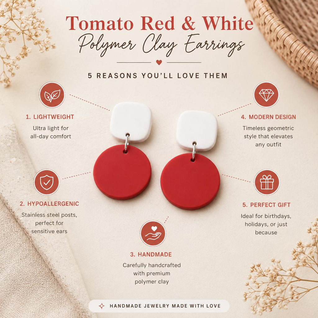Tomato Red White Polymer Clay Earrings | Modern Minimalist Dangle Statement Jewelry