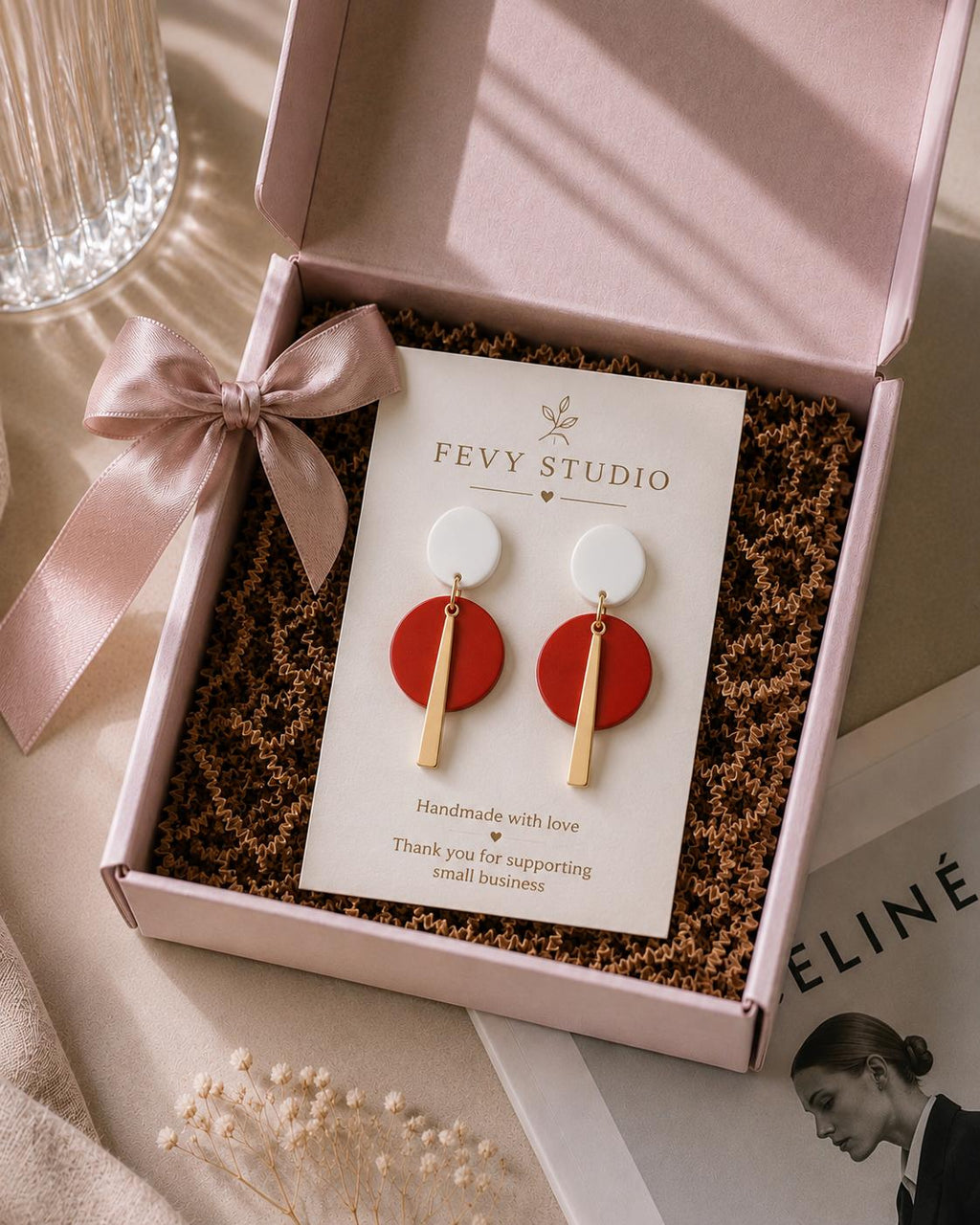 Modern Red White Geometric Polymer Clay Earrings | Gold Minimalist Statement Dangle