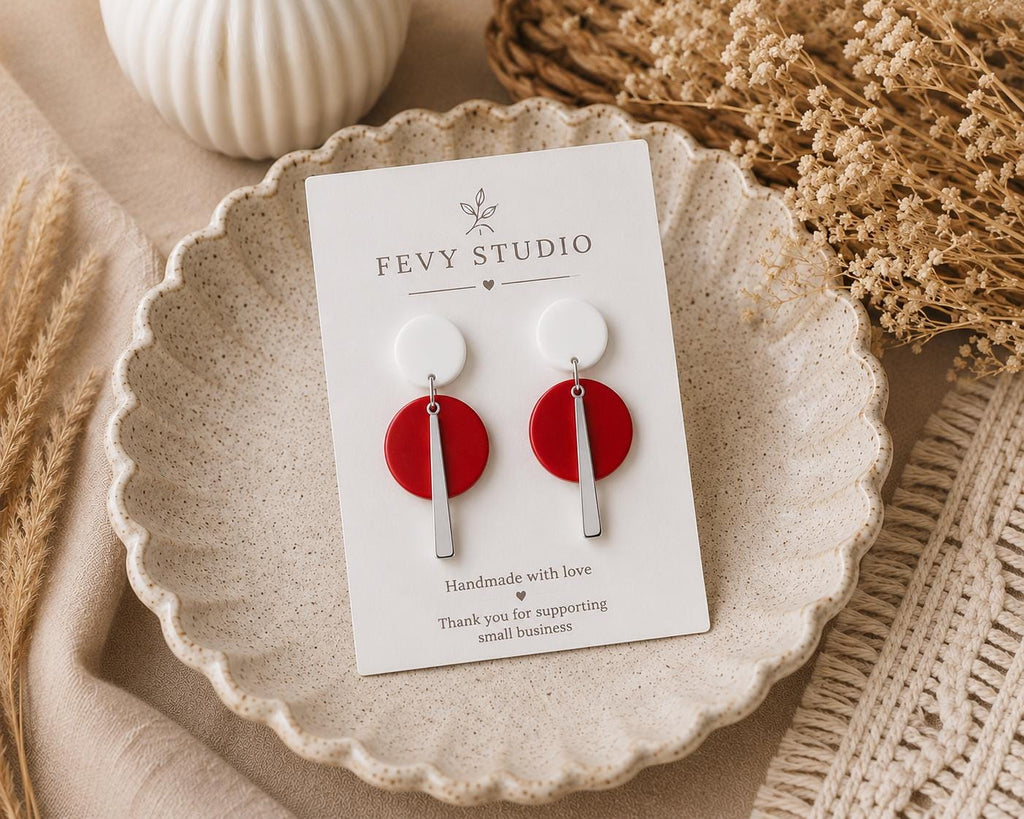 Modern Red White Geometric Polymer Clay Earrings | Gold Minimalist Statement Dangle