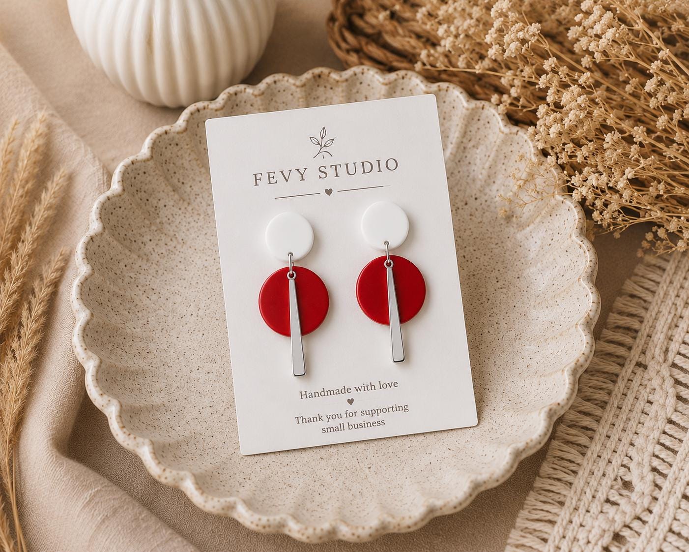 Modern Red White Geometric Polymer Clay Earrings | Gold Minimalist Statement Dangle