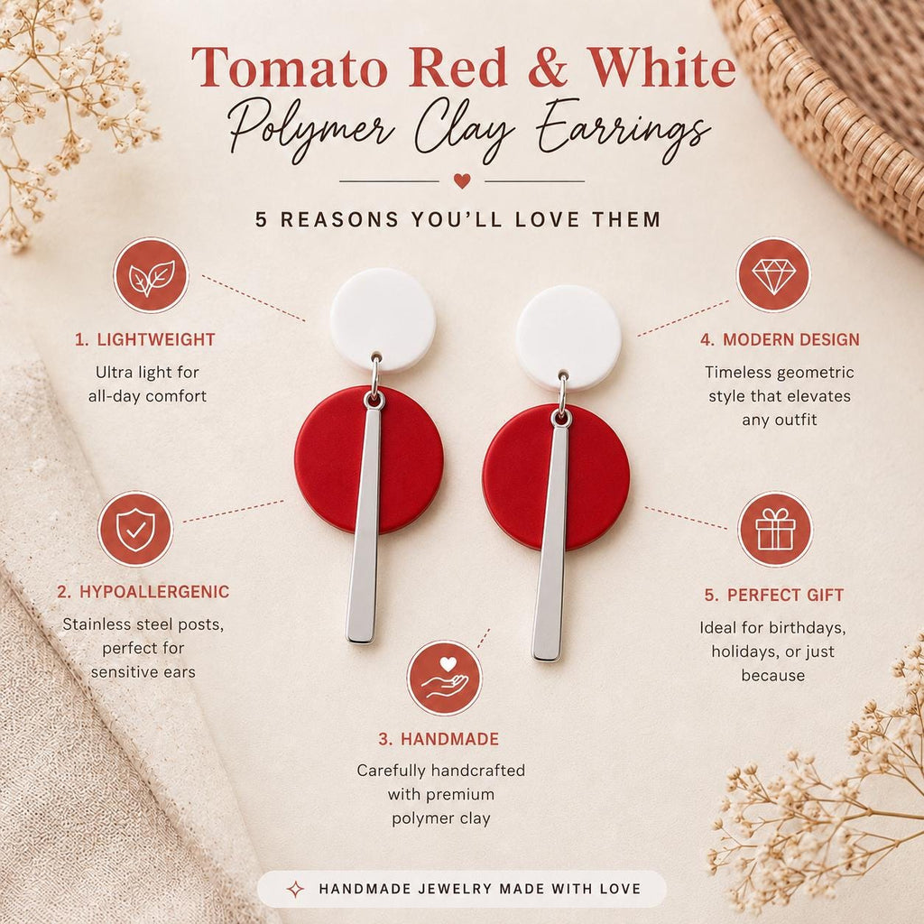 Modern Red White Geometric Polymer Clay Earrings | Gold Minimalist Statement Dangle
