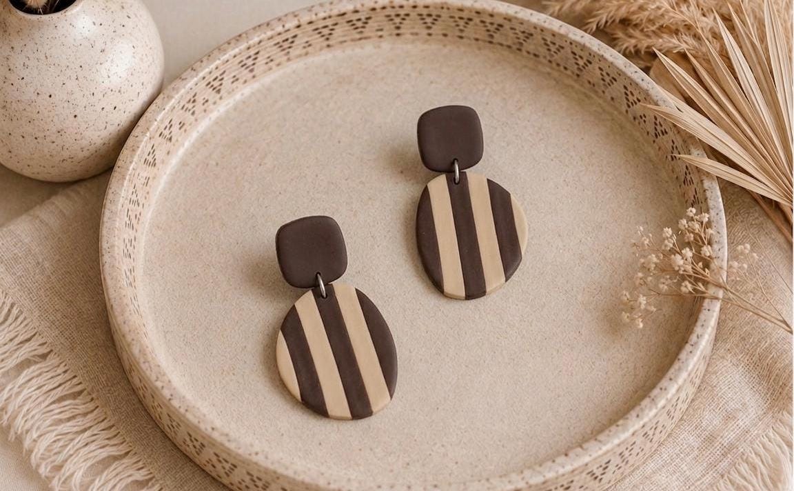 Handmade Polymer Clay Earrings, Dark Chocolate Brown and Beige Striped Studs, Minimalist Geometric Modern Statement Earrings, Gift for Her