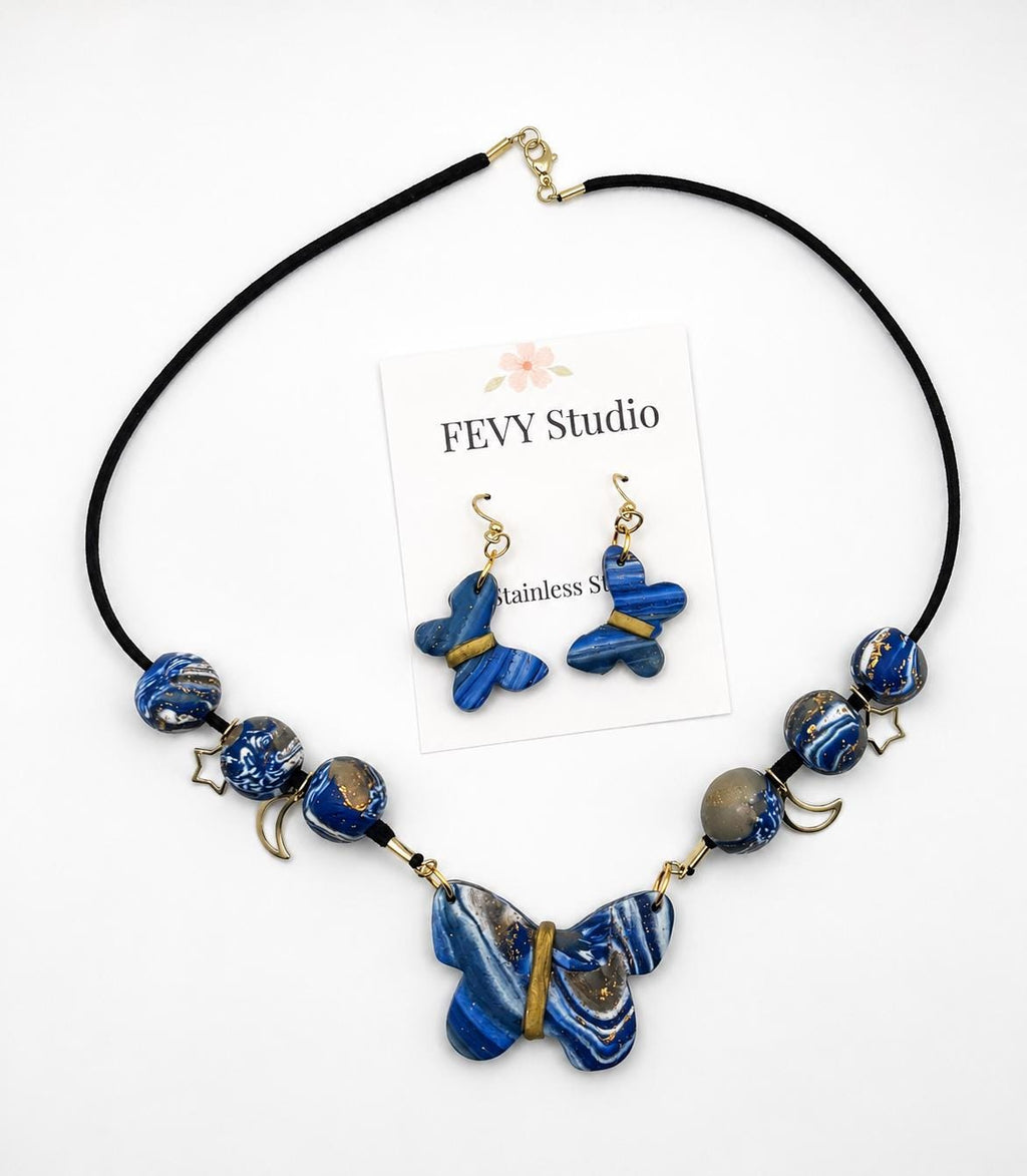 Handmade Blue Butterfly Necklace Earrings Set, Marbled Polymer Clay Jewelry, Celestial Boho Style