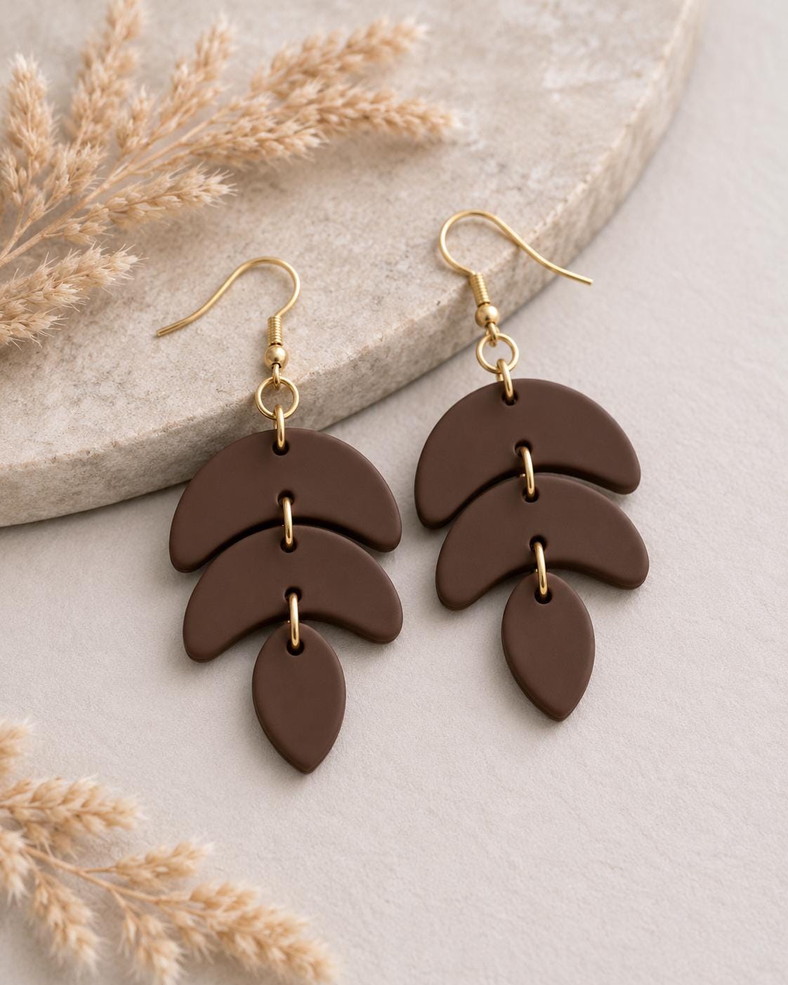 Brown Boho Statement Earrings, Handmade Polymer Clay Dangle Earrings, Lightweight Gift for Her