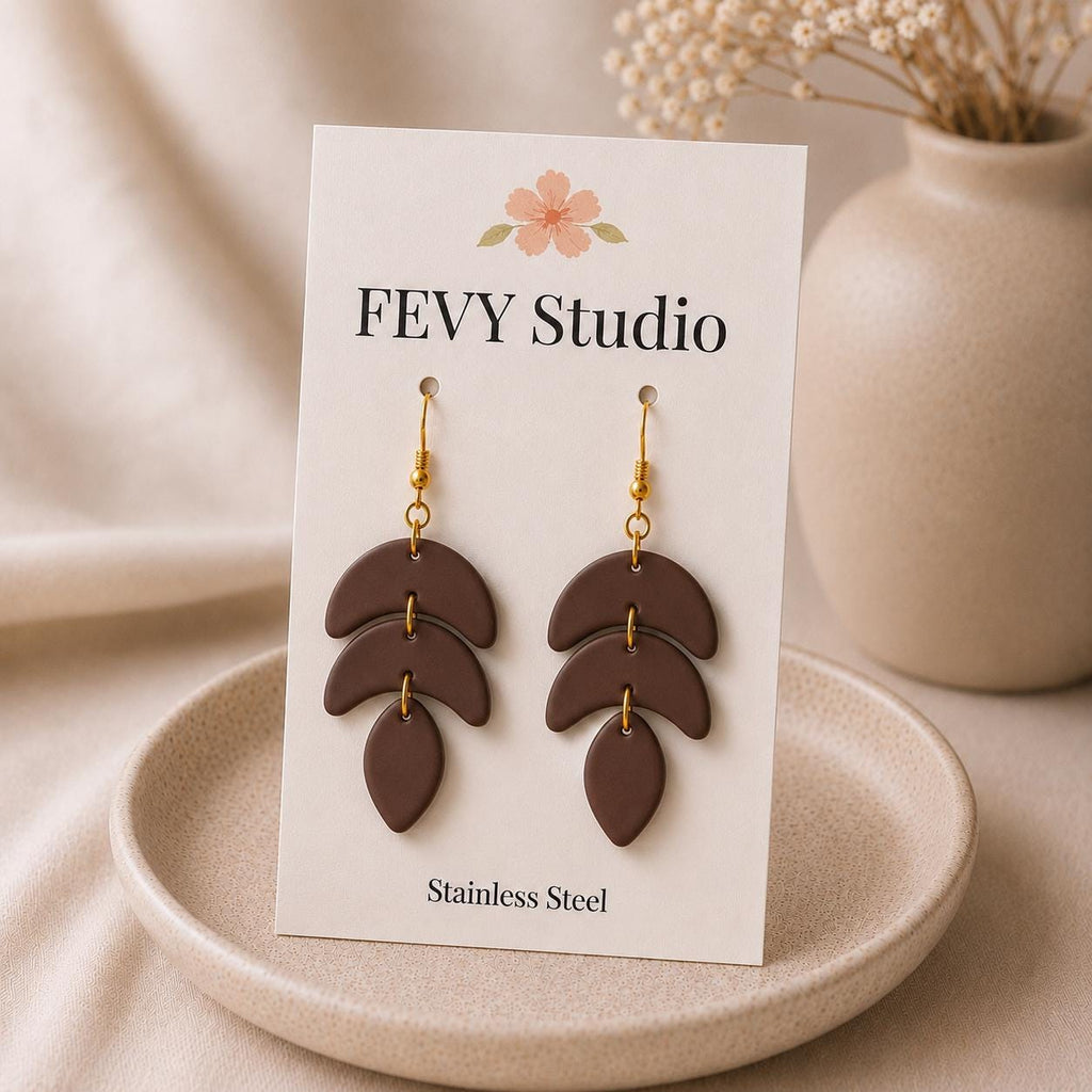 Brown Boho Statement Earrings, Handmade Polymer Clay Dangle Earrings, Lightweight Gift for Her