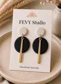 Black White Statement Earrings, Modern Geometric Dangle Earrings, Handmade Polymer Clay Jewelry, Gold Accent Earrings, Minimalist Gift for