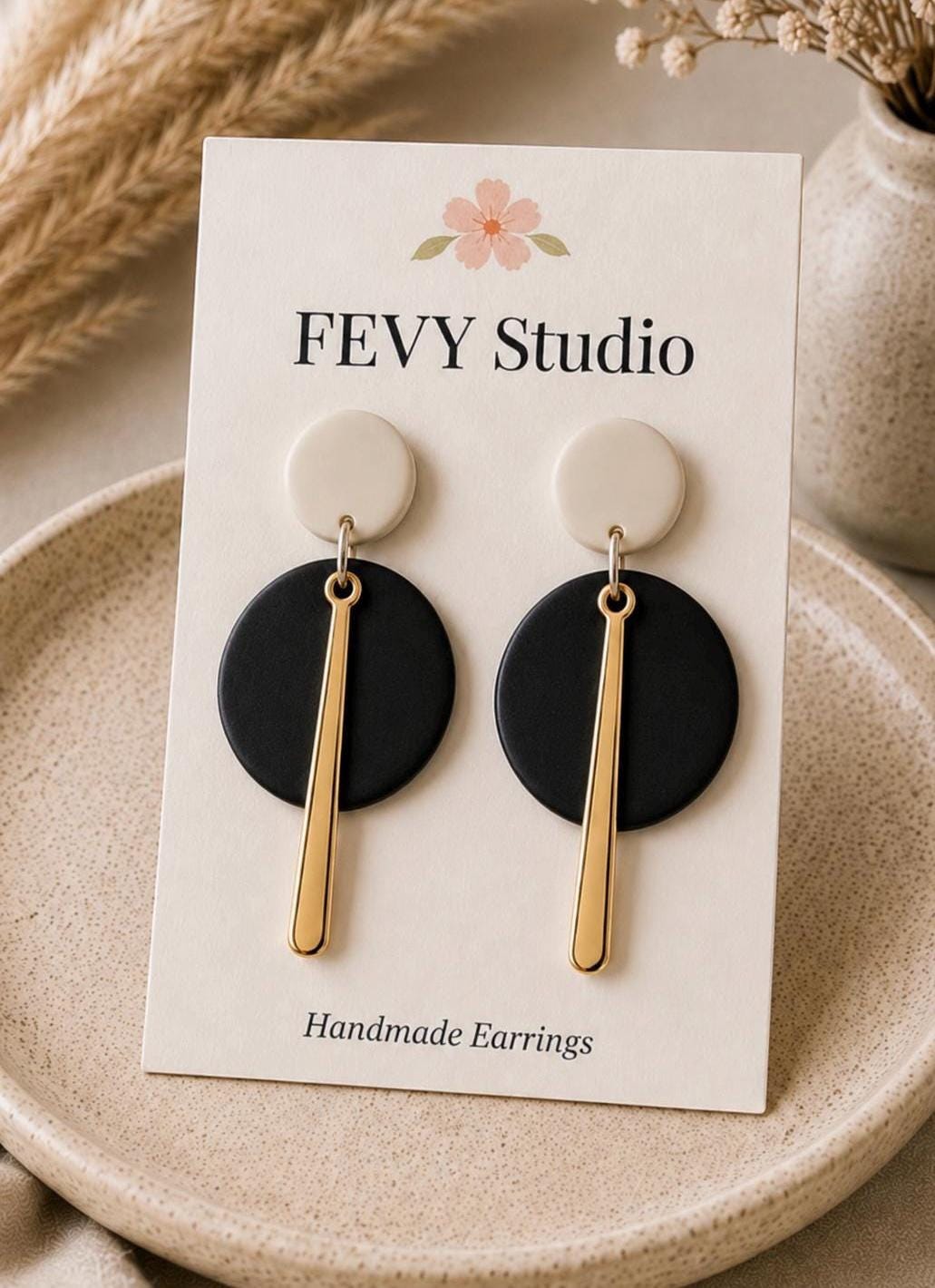 Black White Statement Earrings, Modern Geometric Dangle Earrings, Handmade Polymer Clay Jewelry, Gold Accent Earrings, Minimalist Gift for