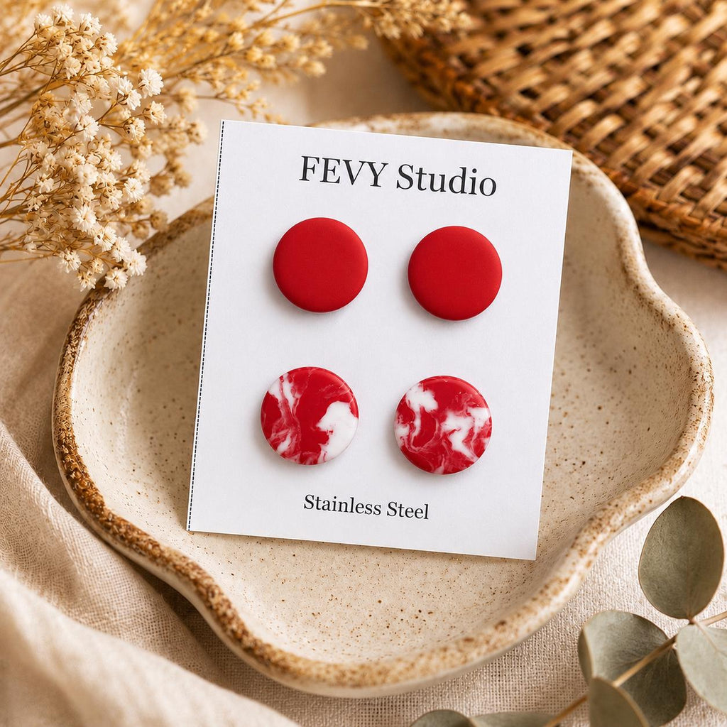 Tomato Red Polymer Clay Stud Earrings Set, Handmade Red & White Marble Studs, Lightweight Stainless Steel Earrings, Gift for Her