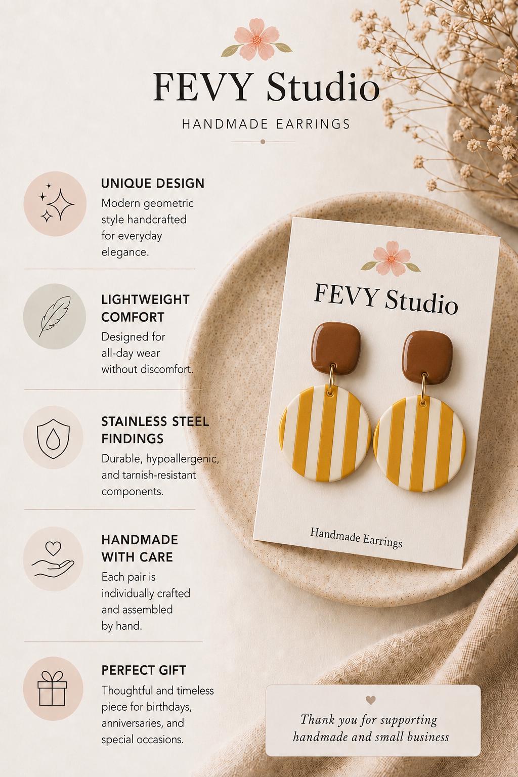 Mustard Yellow Brown Stripe Polymer Clay Earrings, Retro Boho Statement Dangles