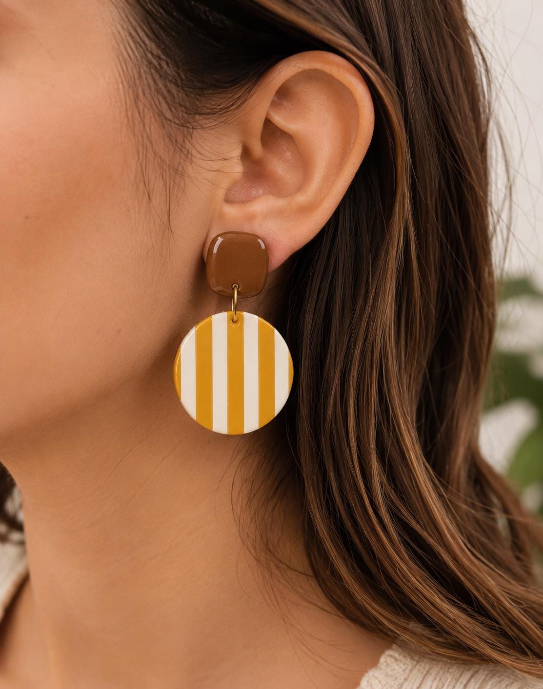 Mustard Yellow Brown Stripe Polymer Clay Earrings, Retro Boho Statement Dangles