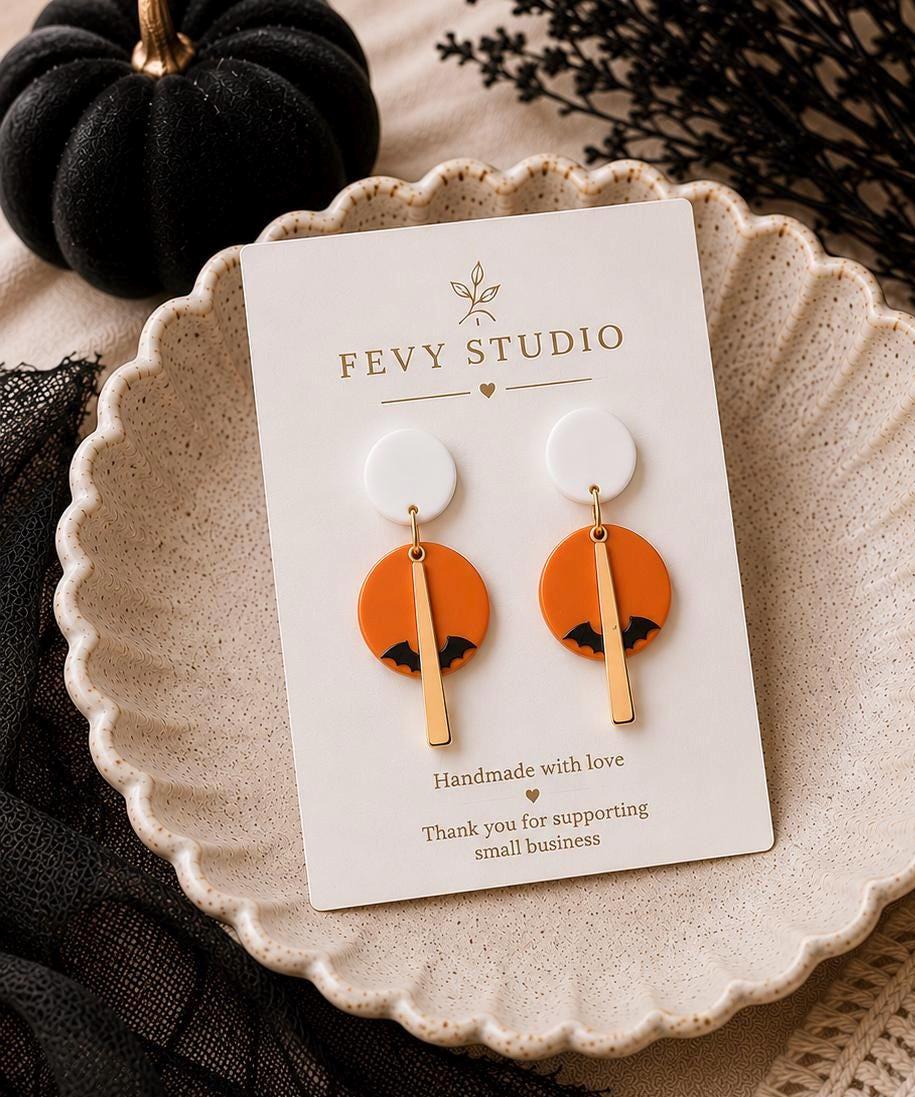 Handmade Polymer Clay Bat Earrings, Orange Black Halloween Dangle Jewelry