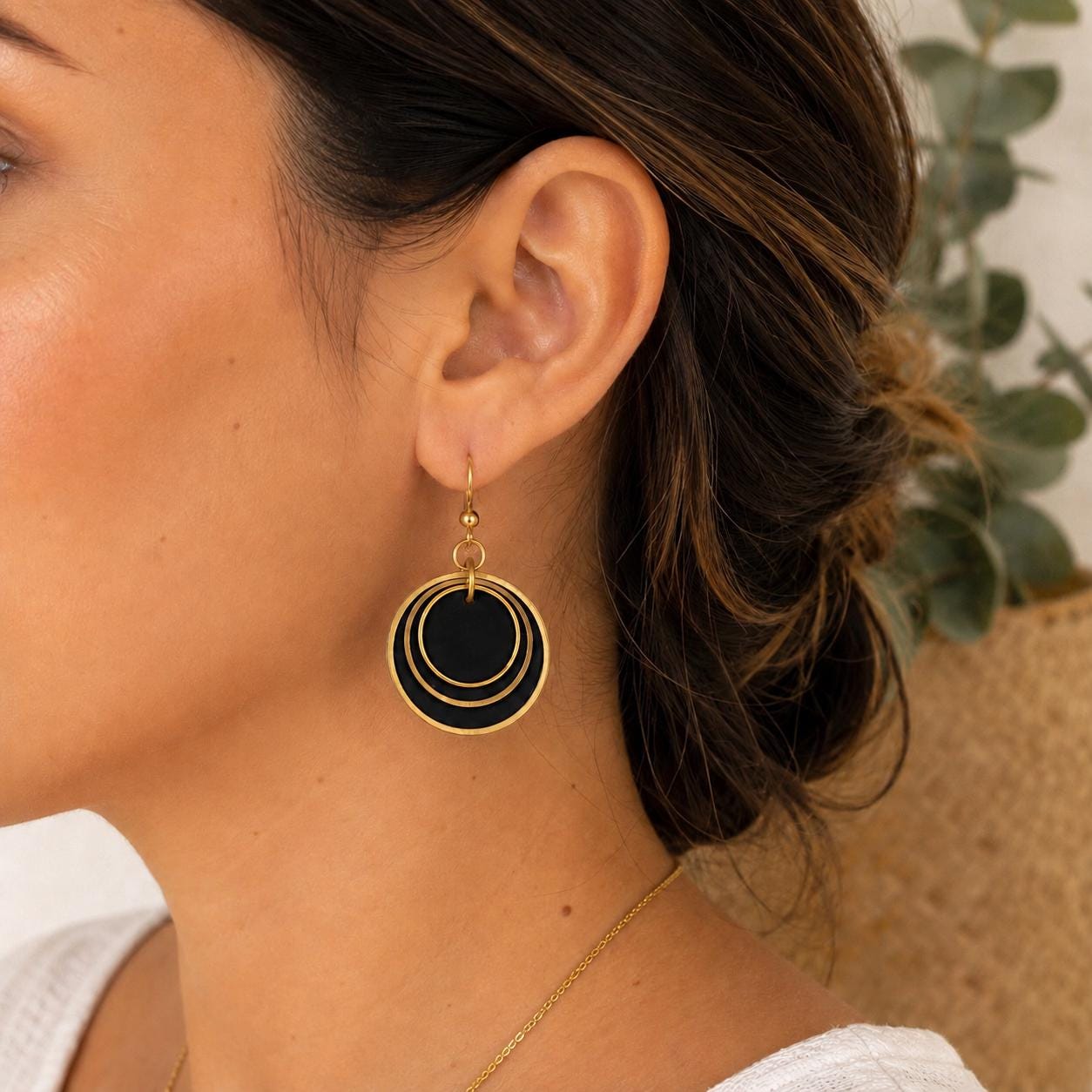 Black Layered Circle Earrings, Boho Polymer Clay Dangle Jewelry, Lightweight Statement Accessory