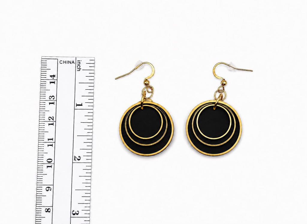 Black Layered Circle Earrings, Boho Polymer Clay Dangle Jewelry, Lightweight Statement Accessory