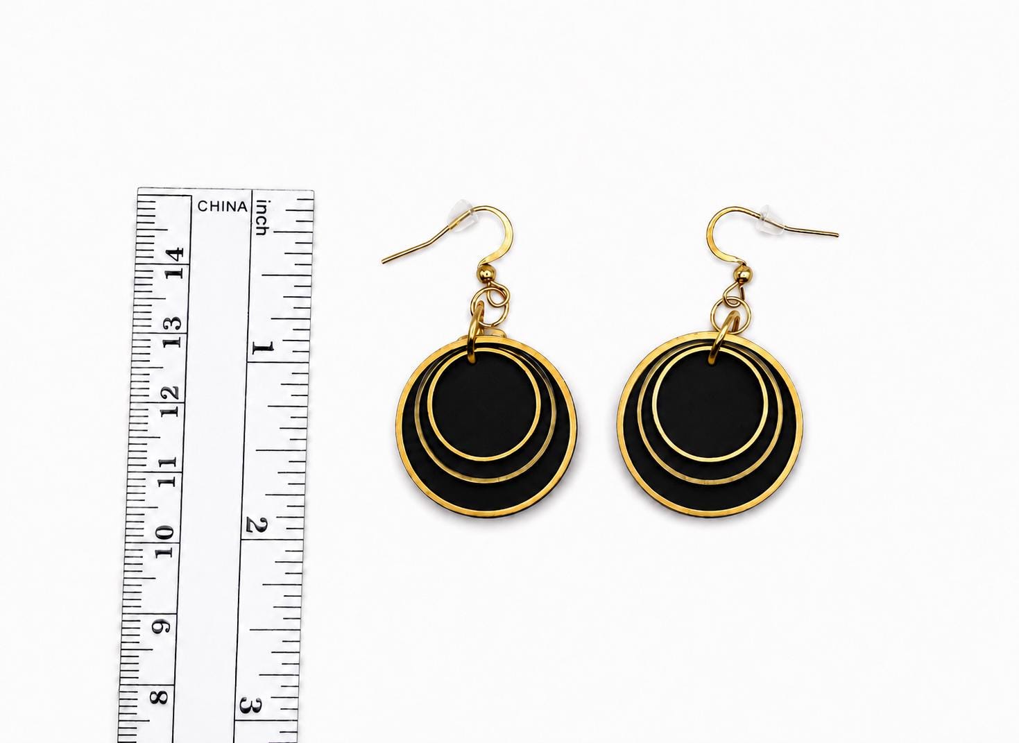 Black Layered Circle Earrings, Boho Polymer Clay Dangle Jewelry, Lightweight Statement Accessory