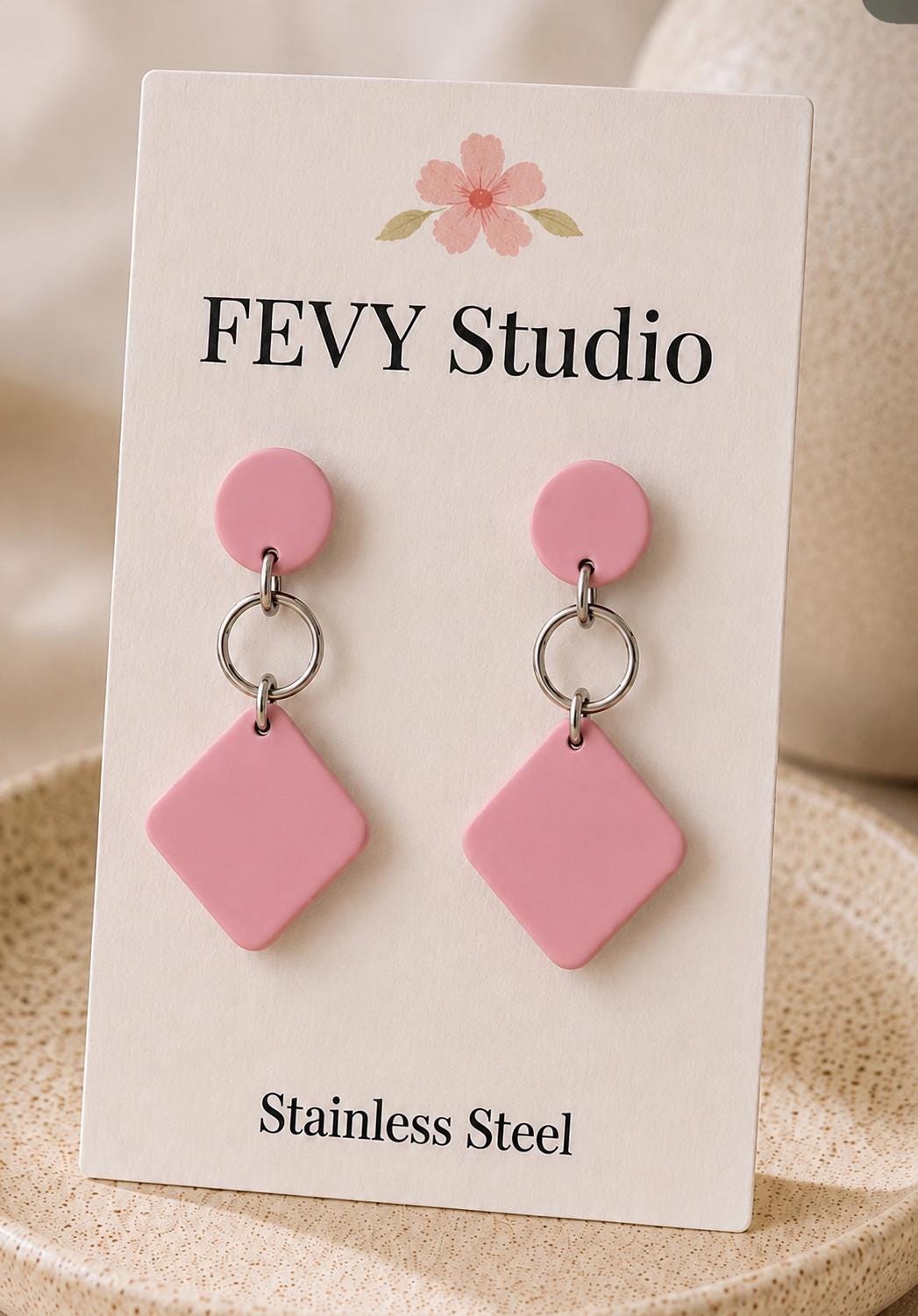 Blush Pink Geometric Dangle Earrings, Modern Polymer Clay Statement Jewelry