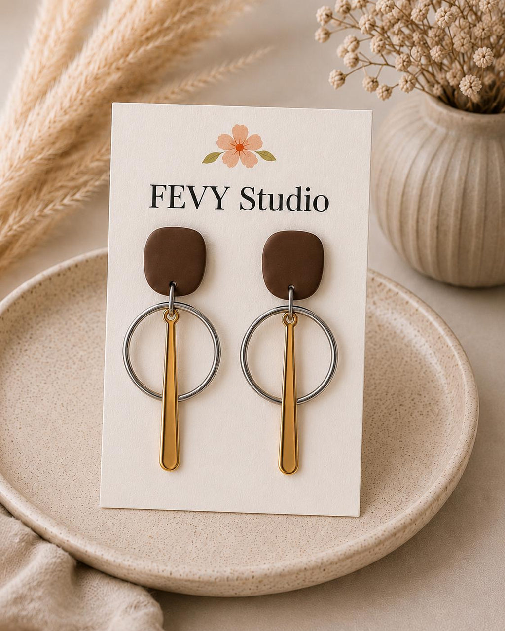Brown Gold Statement Earrings | Handmade Geometric Polymer Clay Dangle Jewelry