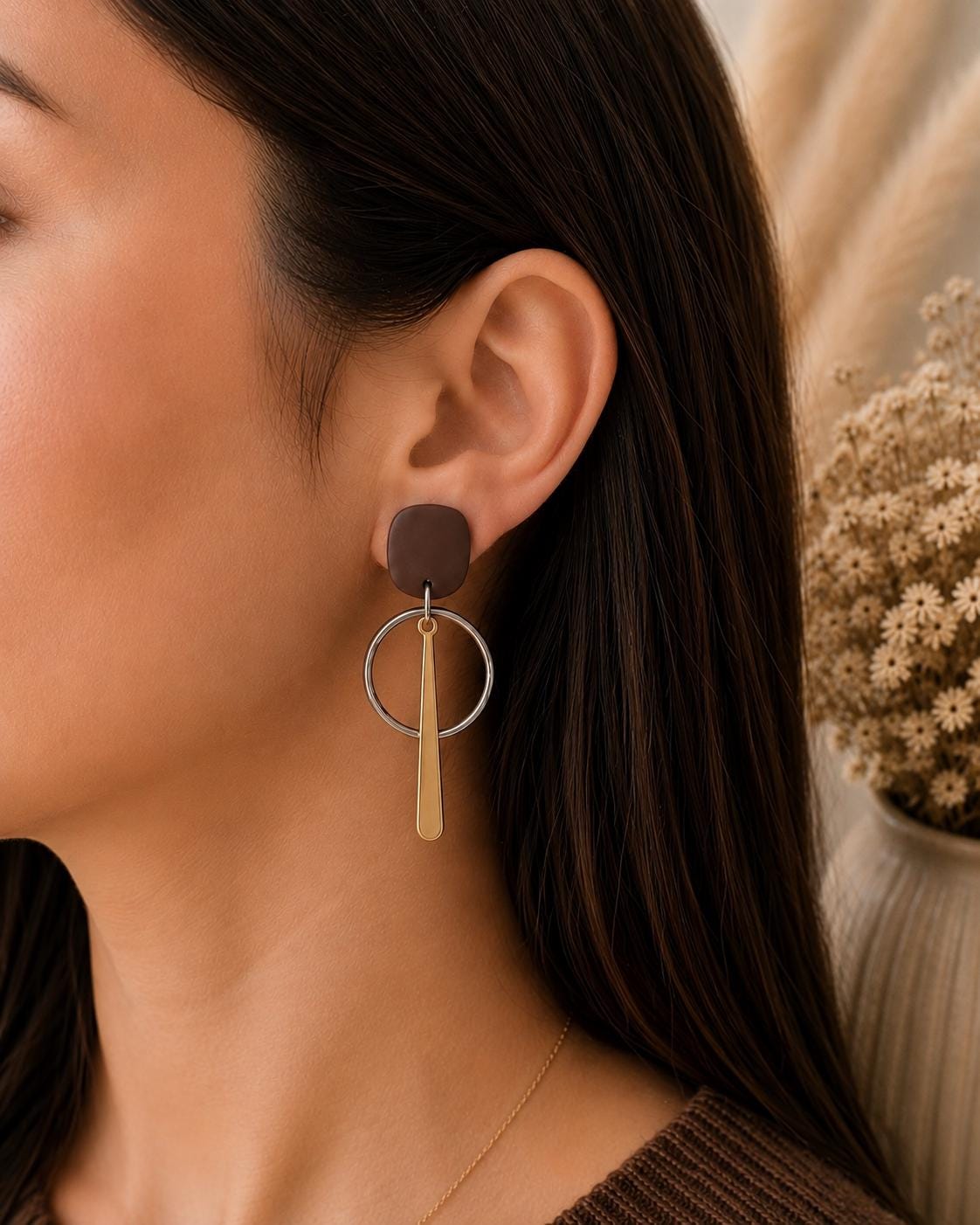 Brown Gold Statement Earrings | Handmade Geometric Polymer Clay Dangle Jewelry