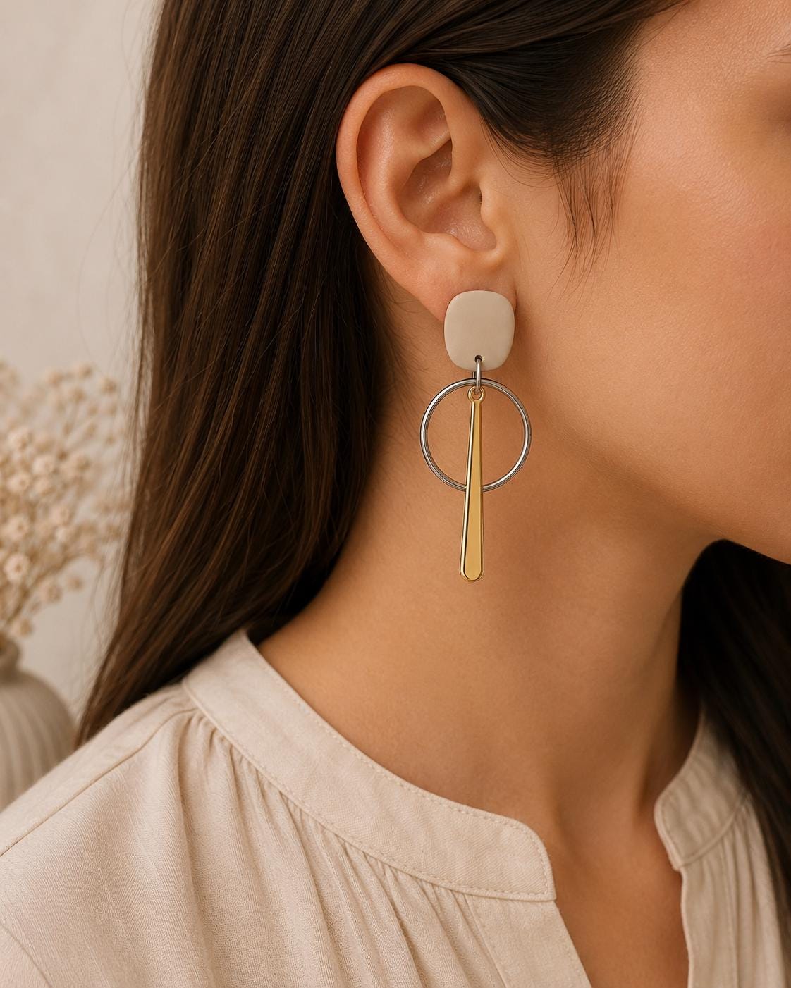 Beige Gold Geometric Dangle Earrings | Handmade Polymer Clay Statement Jewelry