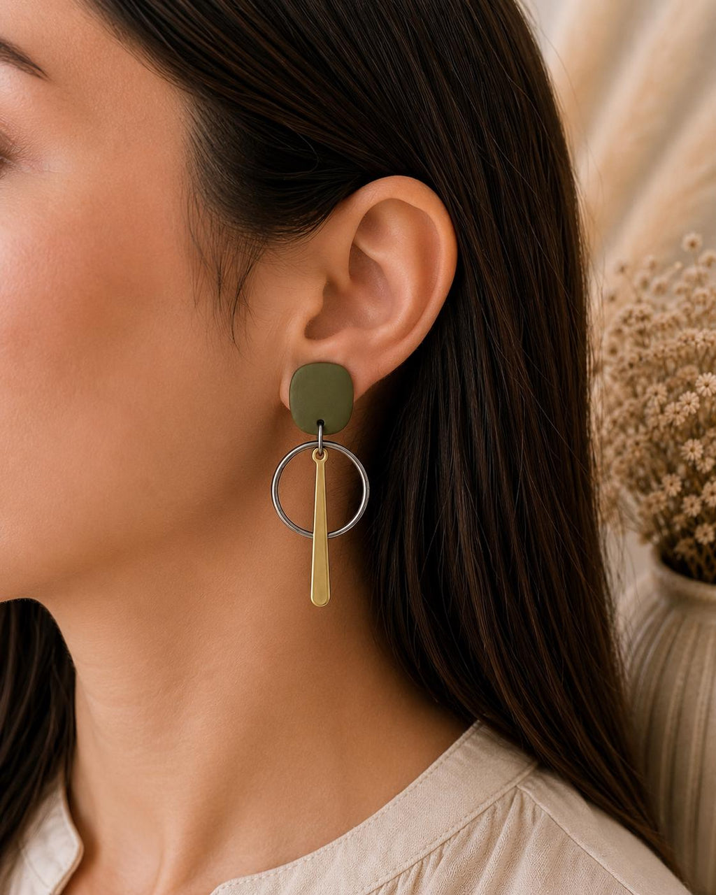 Olive Green Geometric Statement Earrings | Handmade Polymer Clay Dangle Jewelry