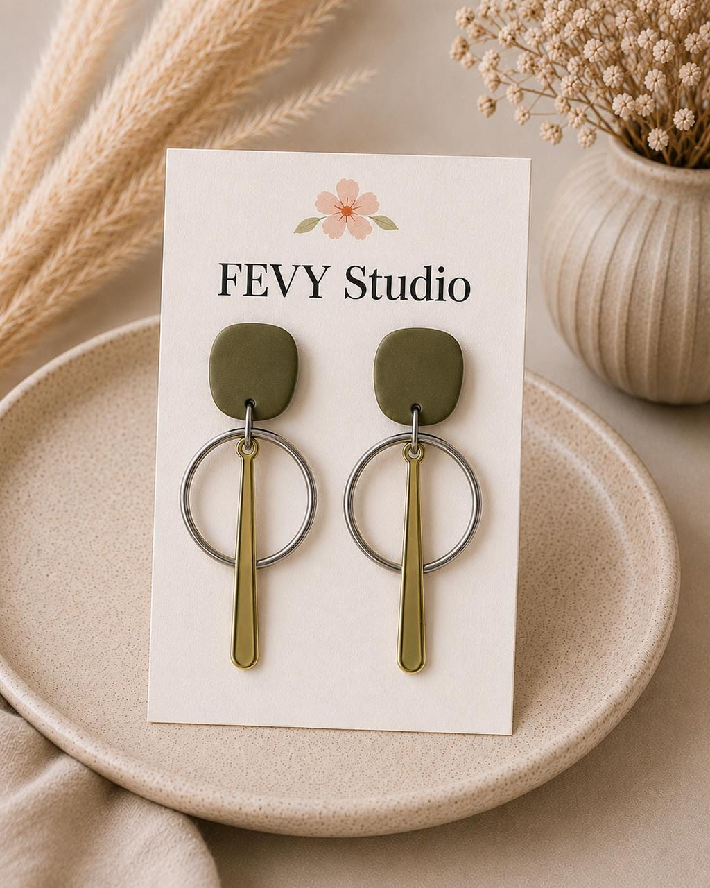 Olive Green Geometric Statement Earrings | Handmade Polymer Clay Dangle Jewelry