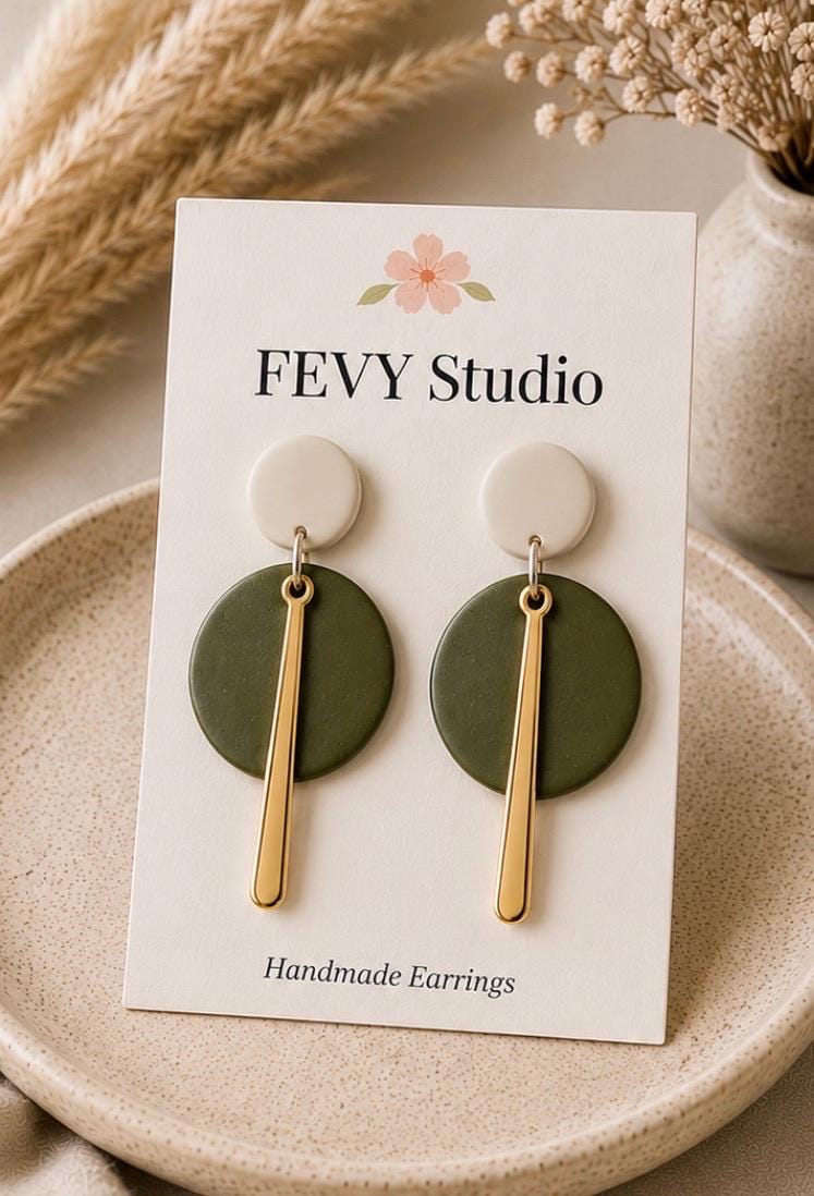 Olive Green White Geometric Earrings | Handmade Polymer Clay Dangle Statement Jewelry