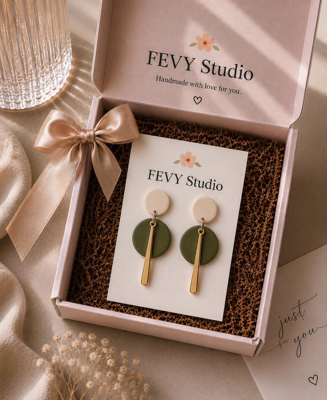 Olive Green White Geometric Earrings | Handmade Polymer Clay Dangle Statement Jewelry