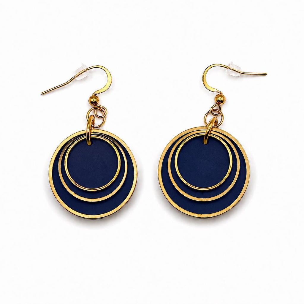 Navy Blue Layered Circle Earrings, Boho Polymer Clay Dangle Jewelry, Lightweight Statement Accessory