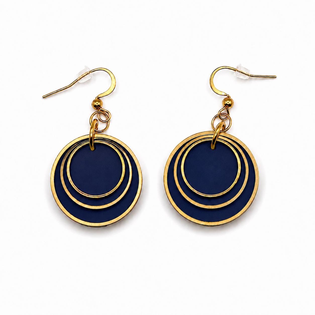 Navy Blue Layered Circle Earrings, Boho Polymer Clay Dangle Jewelry, Lightweight Statement Accessory