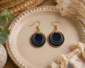 Navy Blue Layered Circle Earrings, Boho Polymer Clay Dangle Jewelry, Lightweight Statement Accessory