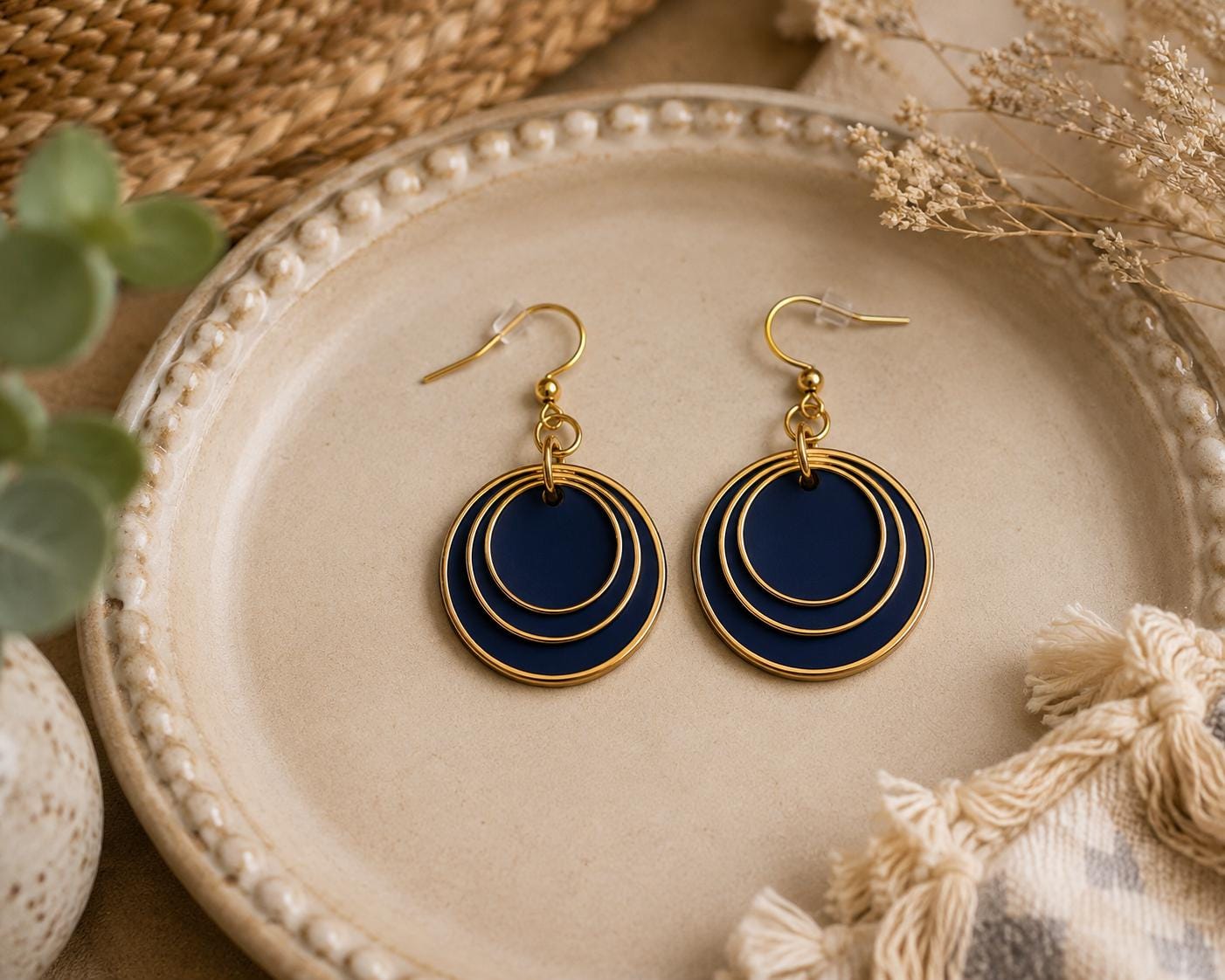 Navy Blue Layered Circle Earrings, Boho Polymer Clay Dangle Jewelry, Lightweight Statement Accessory