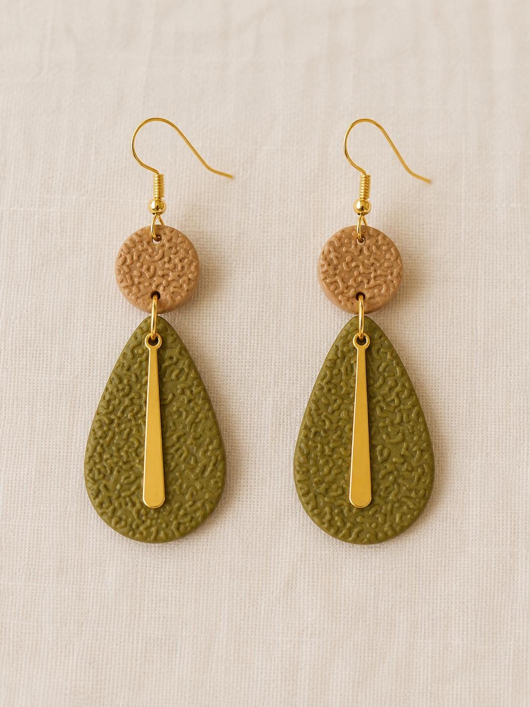 Olive Green Teardrop Clay Earrings, Gold Dangle Statement Jewelry