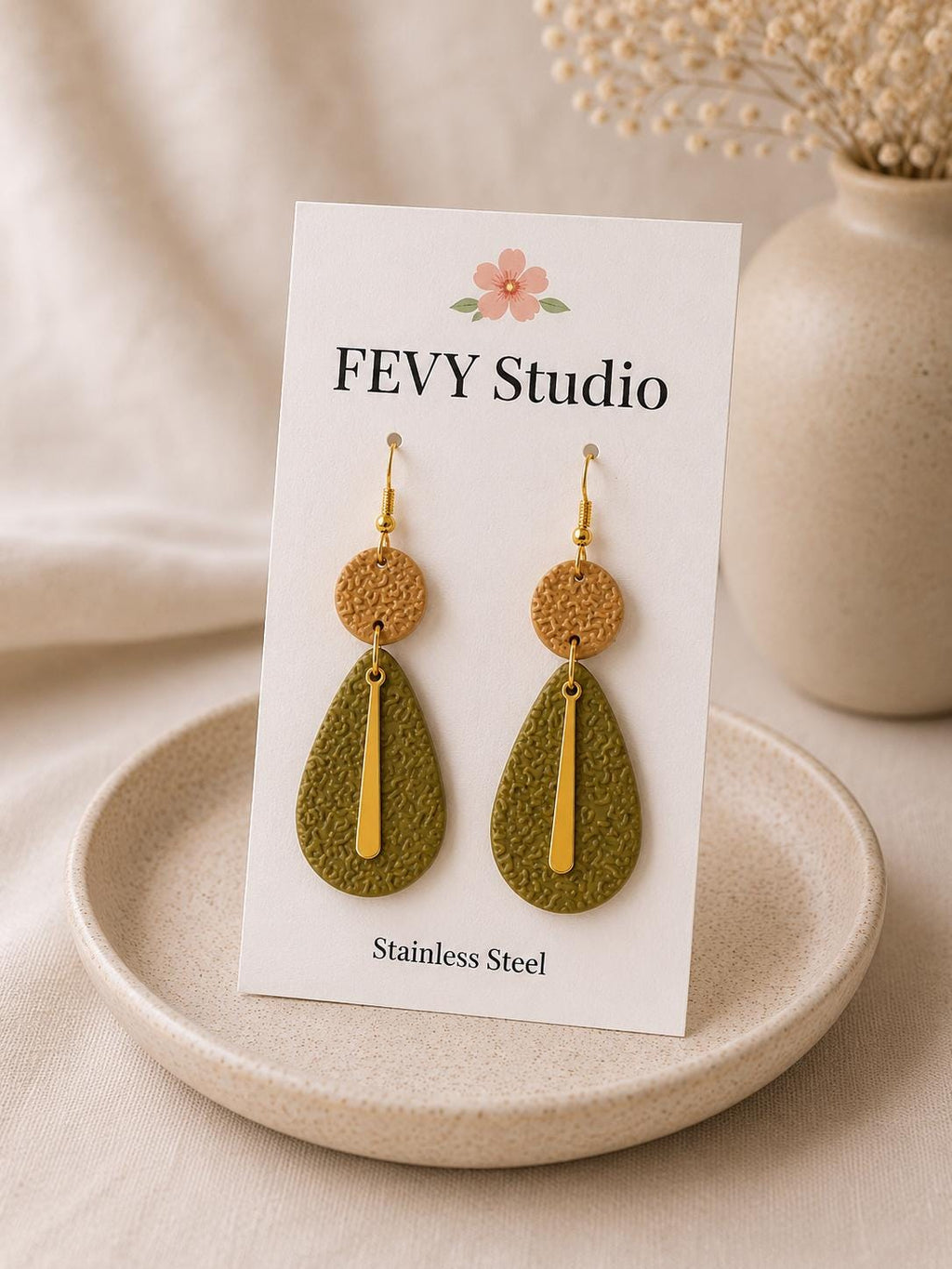 Olive Green Teardrop Clay Earrings, Gold Dangle Statement Jewelry
