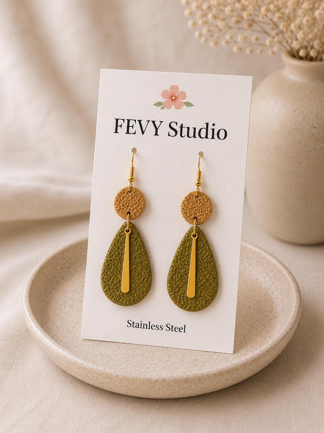 Olive Green Teardrop Clay Earrings, Gold Dangle Statement Jewelry