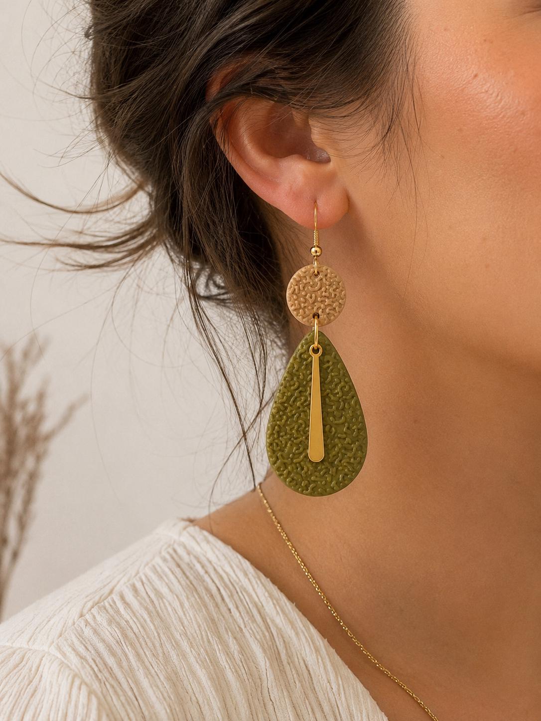Olive Green Teardrop Clay Earrings, Gold Dangle Statement Jewelry