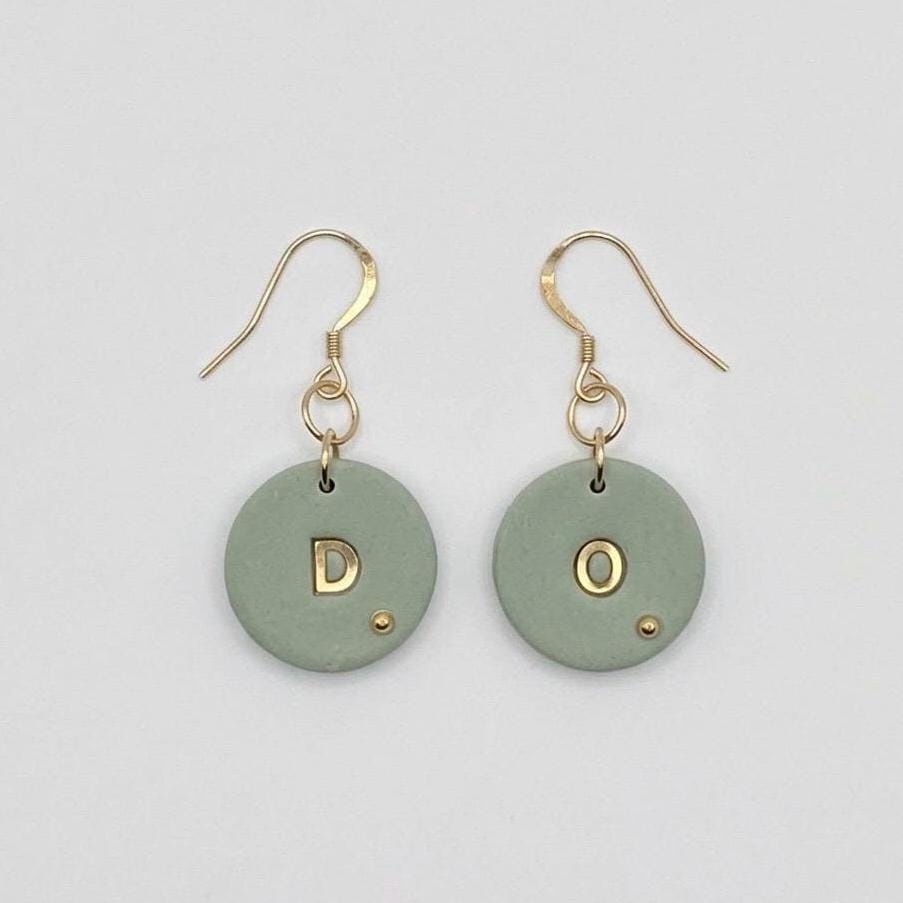 Sage Green Polymer Clay Initial Earrings, Minimalist Gold Letter, 18K Gold Plated Hooks