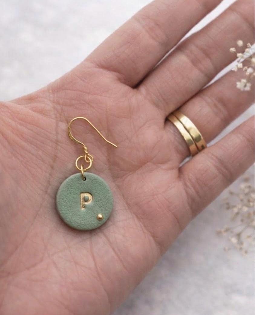 Sage Green Polymer Clay Initial Earrings, Minimalist Gold Letter, 18K Gold Plated Hooks