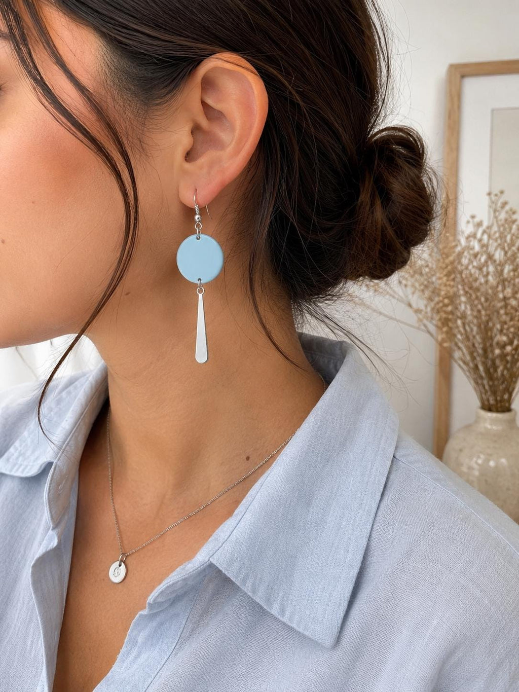 Sky Blue Polymer Clay Circle Drop Earrings, Modern Silver Accents