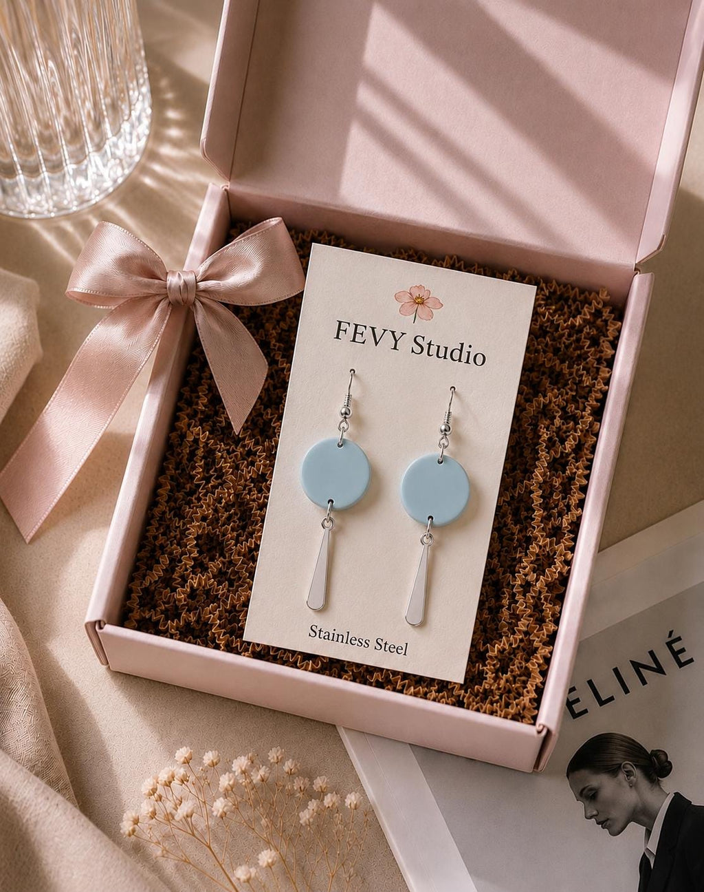 Sky Blue Polymer Clay Circle Drop Earrings, Modern Silver Accents