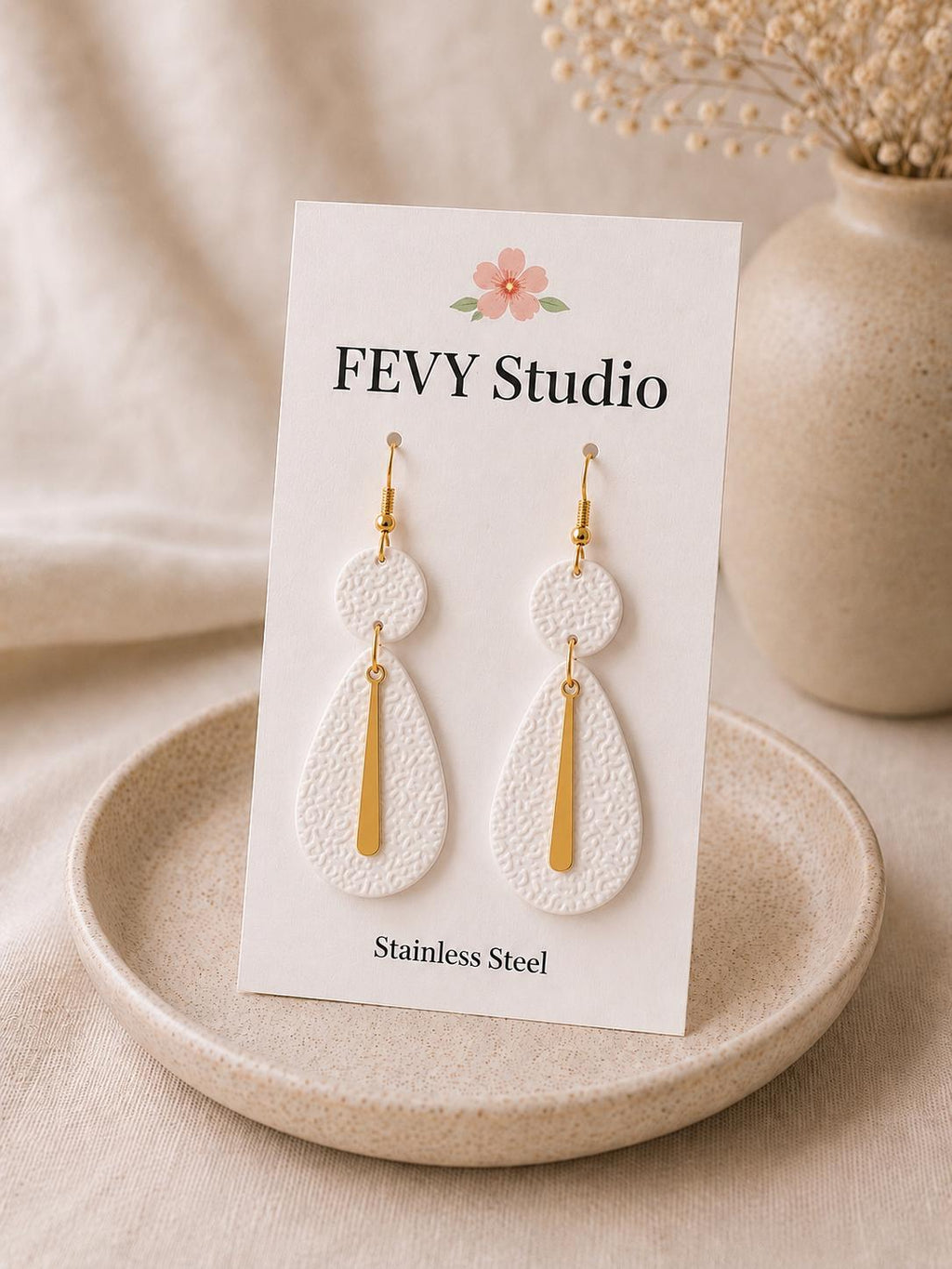 White Gold Textured Polymer Clay Dangle Earrings | Modern Minimalist Statement Jewelry