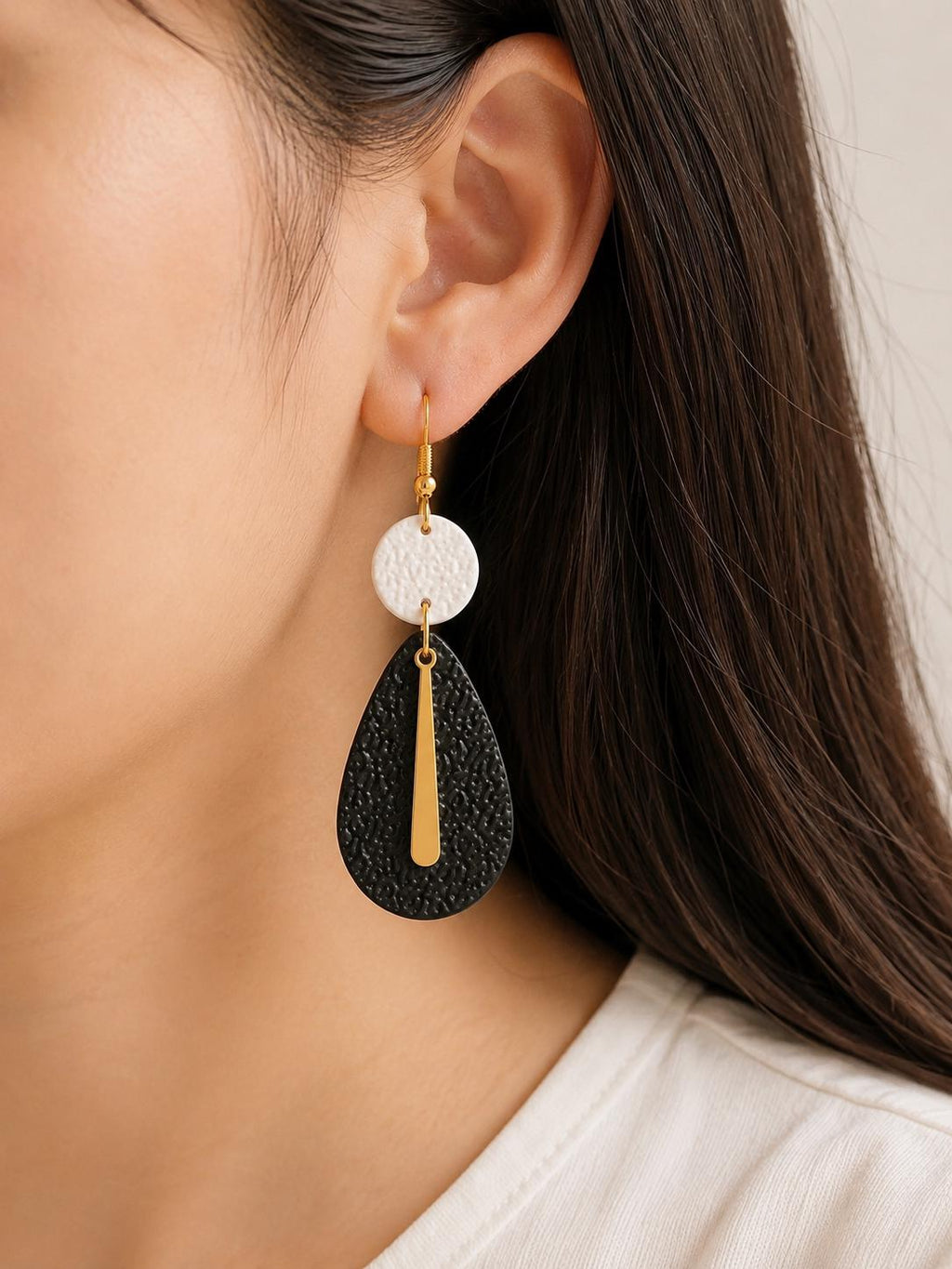 Black White Gold Polymer Clay Earrings | Modern Teardrop Dangle Statement Jewelry