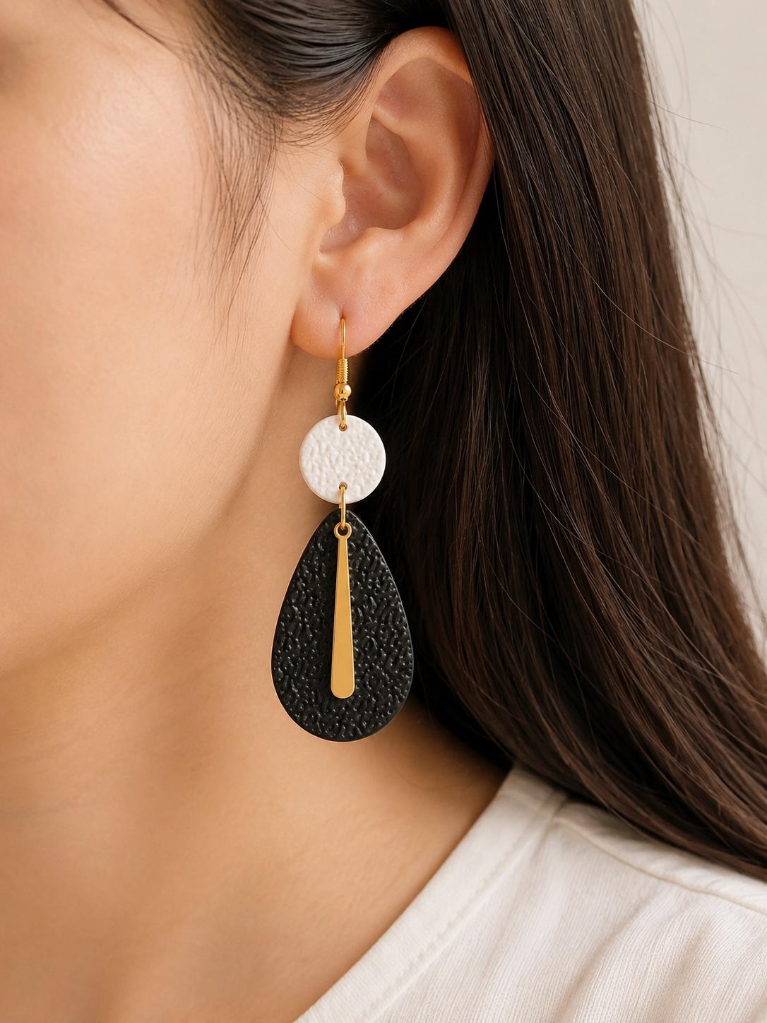 Black White Gold Polymer Clay Earrings | Modern Teardrop Dangle Statement Jewelry