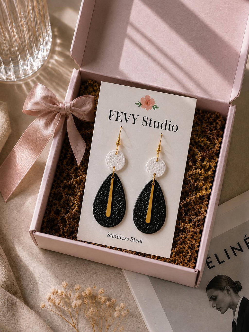 Black White Gold Polymer Clay Earrings | Modern Teardrop Dangle Statement Jewelry
