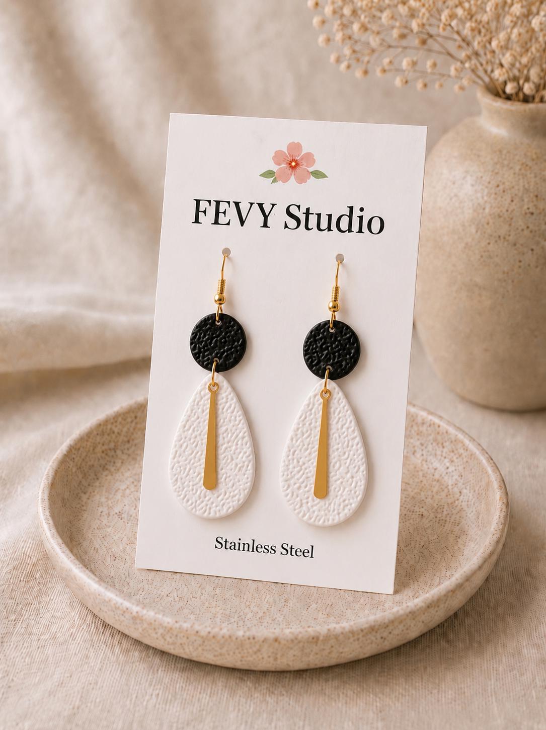 Black White Polymer Clay Earrings | Modern Geometric Dangle Statement Jewelry