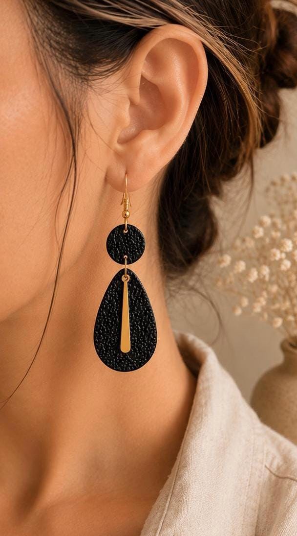 Black Geometric Polymer Clay Statement Earrings | Textured Dangle Jewelry